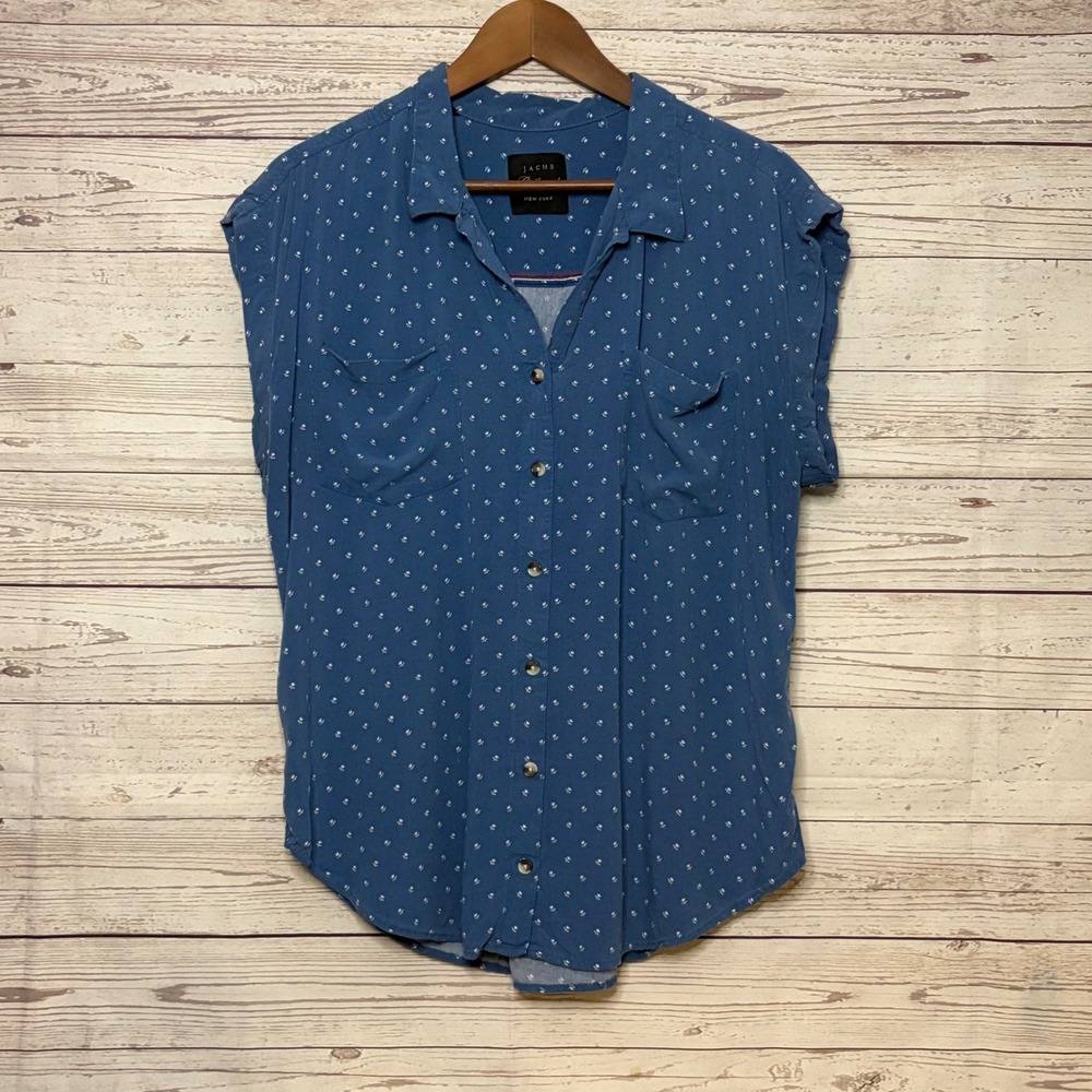 Jachs Girlfriend Blue Floral Rayon Short Sleeve Button Down Shirt Top
